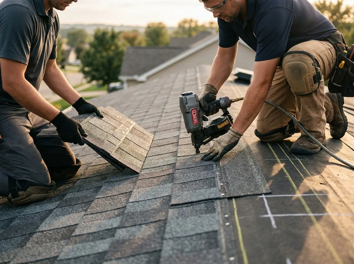 Professional roofer working on a residential roof in East San Gabriel